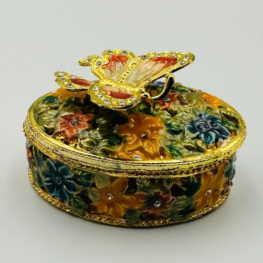 Gold & Multicolored Oval Butterfly & Flowers Rhinestone Trinket Jewelry Box